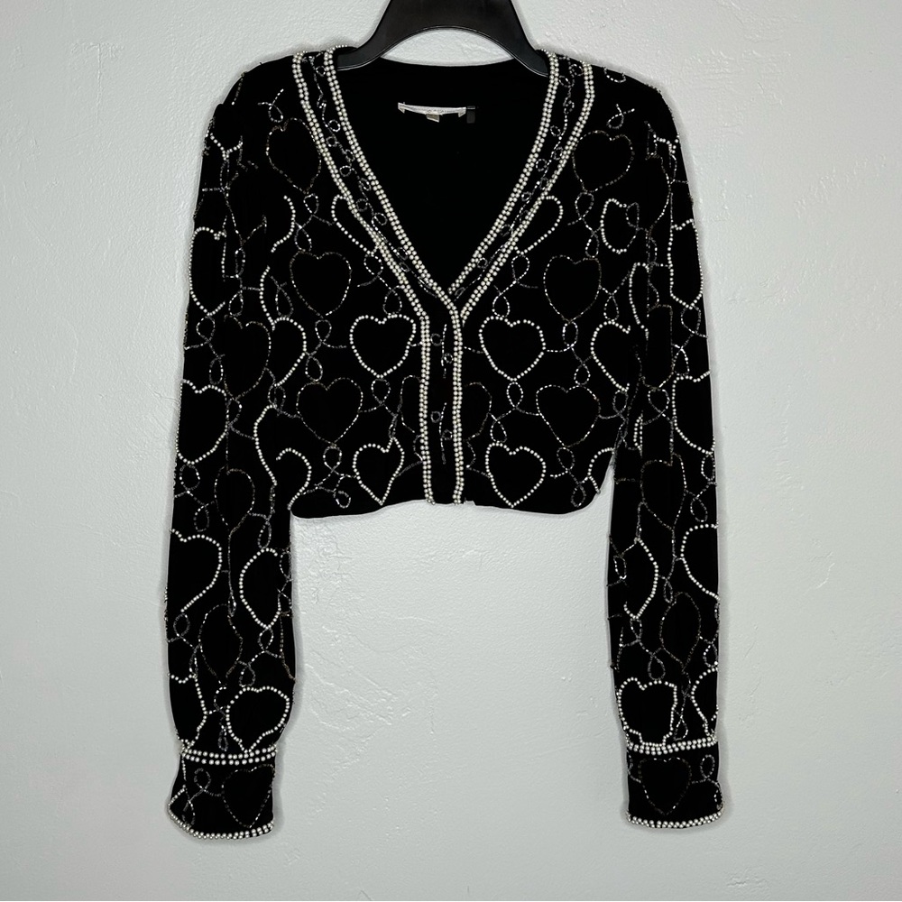 LoveShackFancy Norima Black Beaded Heart Crop Cardigan Jacket - Picture 6 of 16
